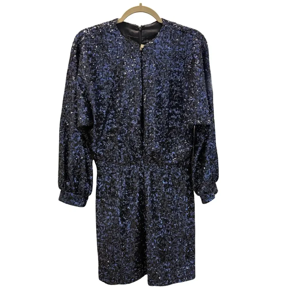 Zadig & Voltaire Party Dress Size Med Short Sequin Navy Blue Sparkly Long Sleeve